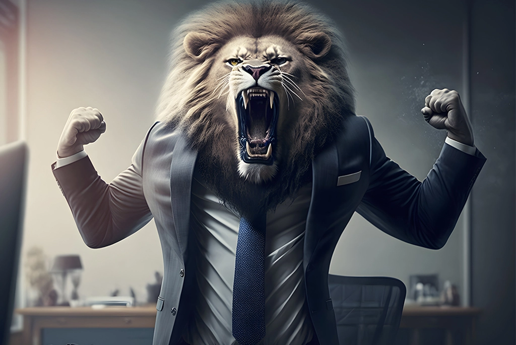 Imagen creada con IA de del cuerpo de un empresario con cabeza de león representando la ventaja competitiva y cómo beneficia a su negocio