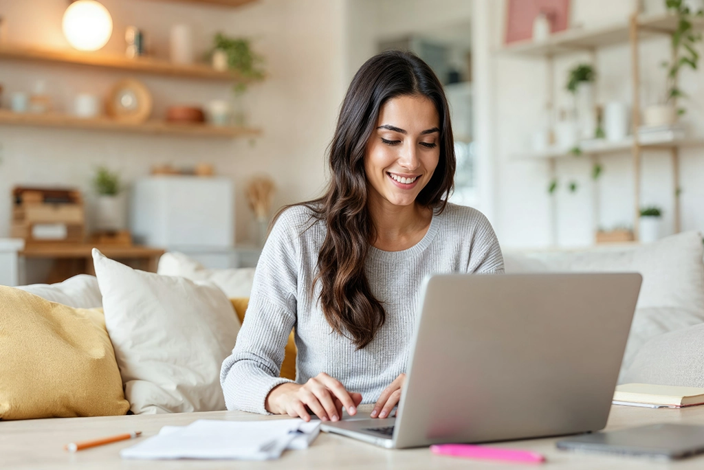 Freelancer aprendiendo cómo organizar el dinero en su computadora, con gráficos de ahorro y presupuesto en pantalla