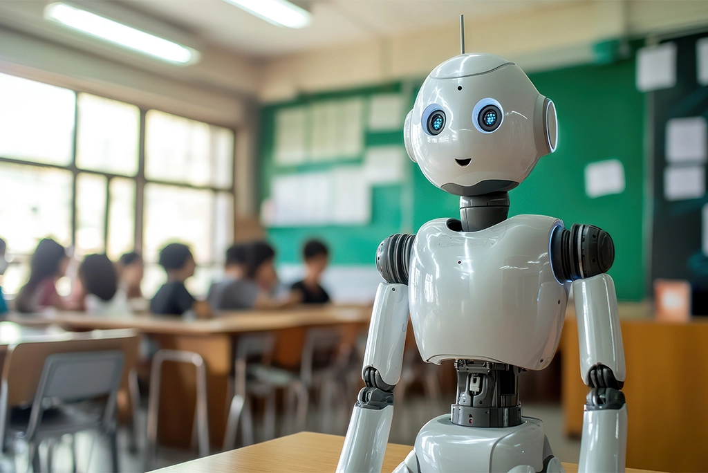 Robot en salón de clases haciendo alusión al uso de la IA como estrategia educativa en un aula moderna, integrando tecnología y pedagogía para una enseñanza innovadora.