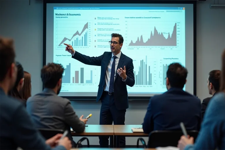 Joven profesional analizando gráficos económicos, representando las diversas especialidades de Economía y sus oportunidades laborales.