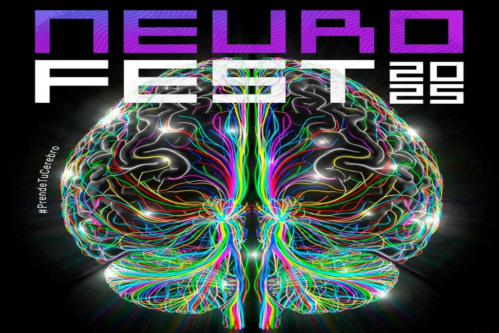 Cartel del Neurofest 2025, el 9º Festival de Neurociencias, mostrando un cerebro interactuando con circuitos digitales. Anuncia las fechas y las diversas actividades Neurofest.