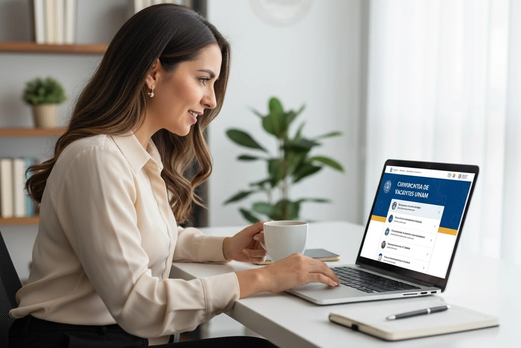 Profesional revisando la convocatoria de las vacantes de la UNAM en una laptop, mostrando interés por los puestos de investigador y técnico académico disponibles.