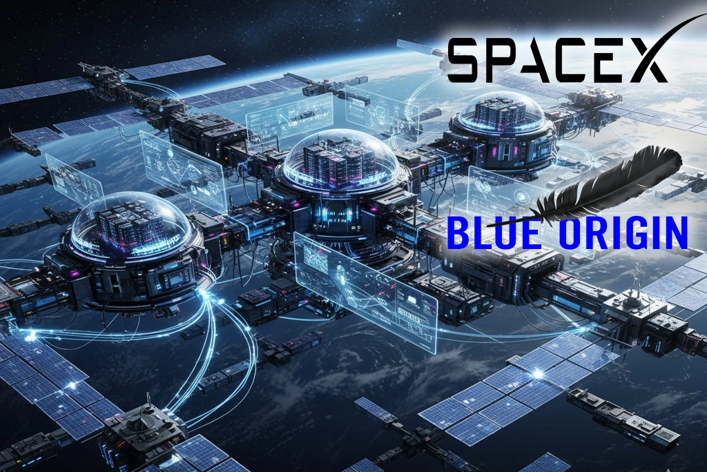 Ilustración futurista de un centro de datos en el espacio, con satélites de paneles solares orbitando la Tierra, representando el futuro de la inteligencia artificial.