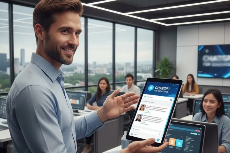 Profesor utilizando ChatGPT para profesores en una tablet dentro de un aula moderna, explicando contenido a estudiantes atentos.