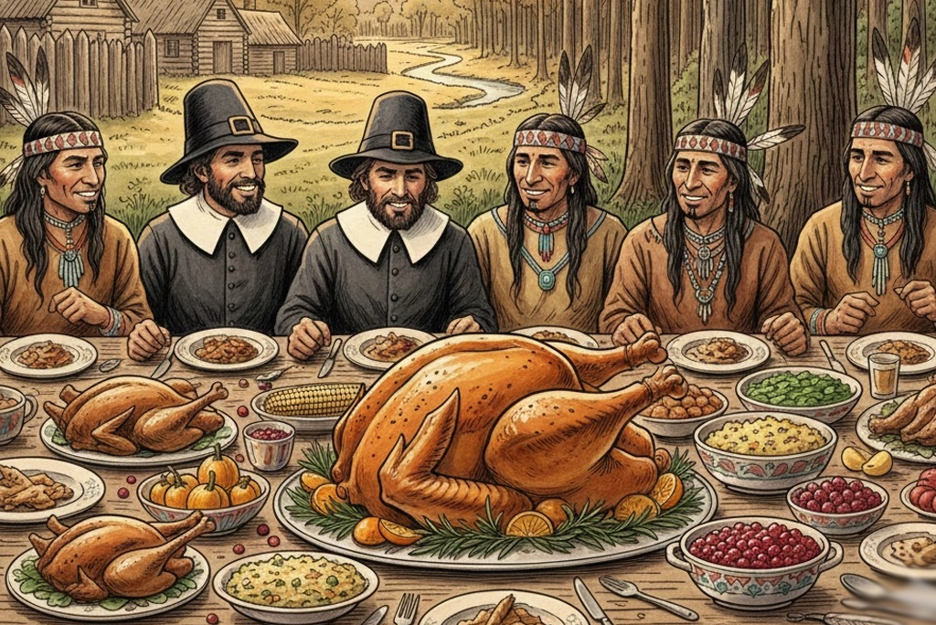 Ilustración histórica que representa el origen de Acción de Gracias con peregrinos y nativos americanos compartiendo una comida, junto a un moderno pavo asado en una mesa de Thanksgiving.