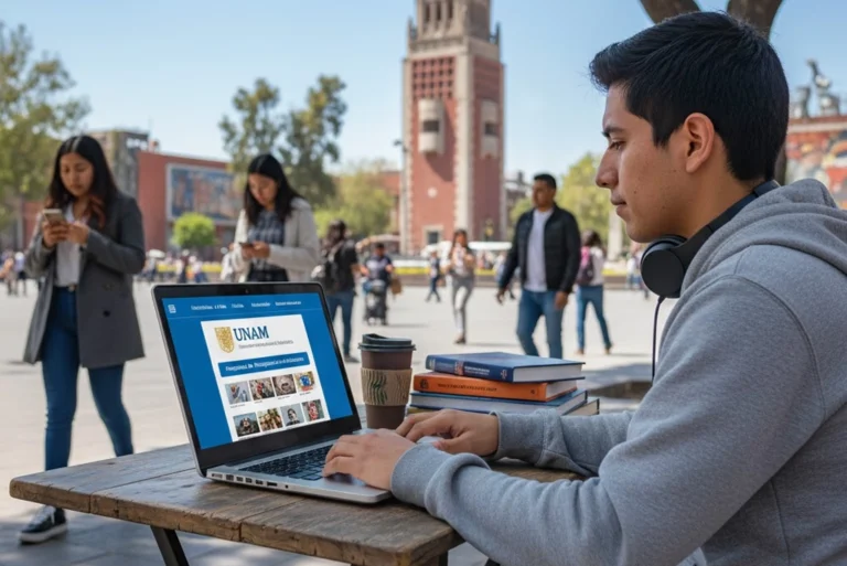 Estudiante utilizando una laptop para acceder a los programas de posgrados UNAM en línea desde cualquier lugar.