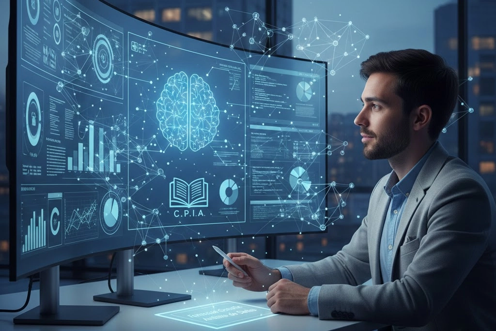 Joven profesional analizando datos en una pantalla, representando la oportunidad de formación en los cursos de análisis de datos gratuitos del Centro Público de Inteligencia Artificial