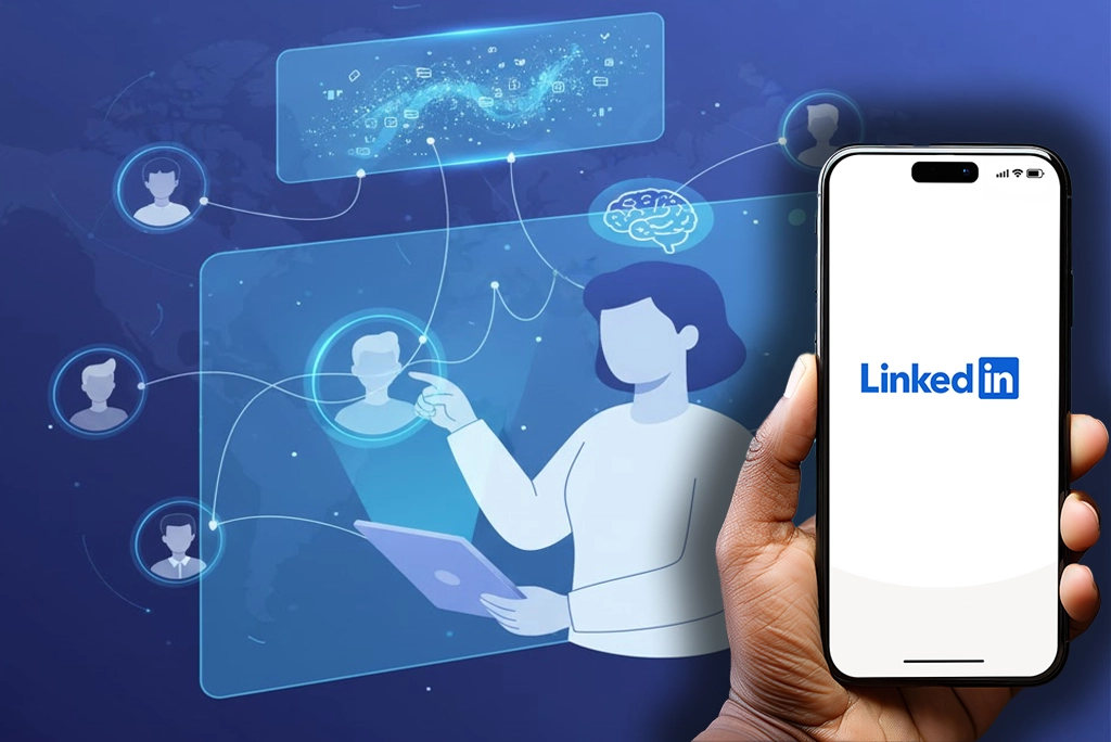 Ilustración moderna que representa la nueva función de LinkedIn networking con inteligencia artificial, mostrando a una persona conectando fácilmente con profesionales ideales a través de una descripción.