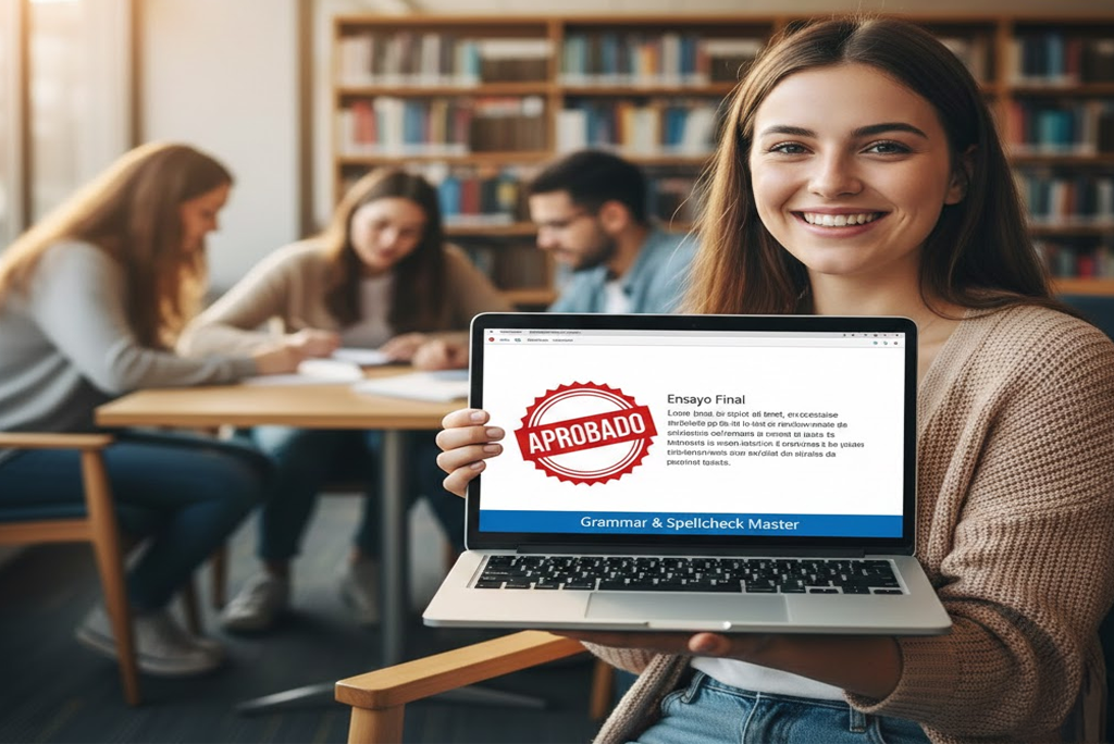 Estudiante universitario sonriente frente a un portátil, mostrando un documento en pantalla con un sello de "Aprobado", representando el éxito tras mejorar su redacción y ortografía con herramientas online.