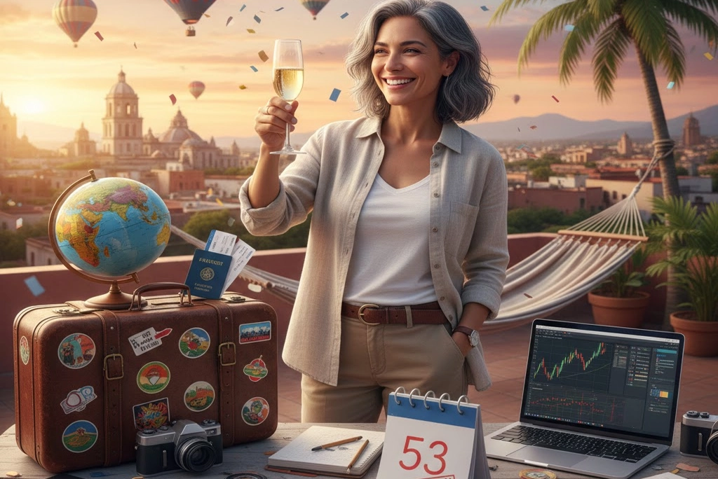 Ilustración de una persona joven celebrando su jubilación temprana a los 53 años, con símbolos de viaje y tiempo libre, representando las nuevas profesiones con jubilación temprana en México.