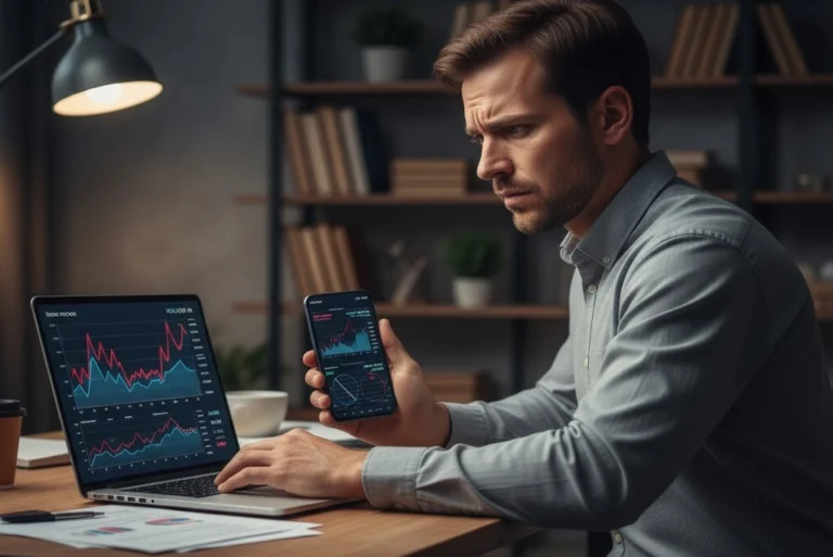 Joven profesional viendo en su laptop y smartphone las señales de estrés financiero, con expresión de preocupación y gráficos de deudas en la pantalla.