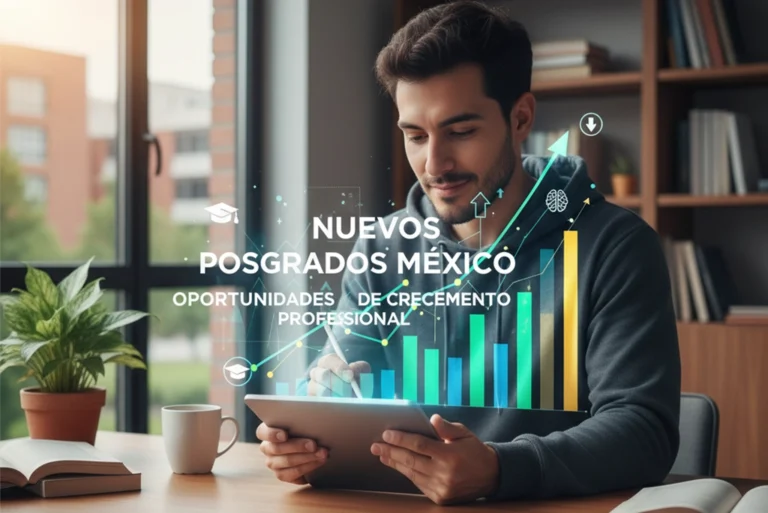 Estudiante universitario revisando contenido en una tablet, con gráficos de crecimiento superpuestos, representando la oferta de nuevos posgrados en México y las oportunidades de crecimiento profesional