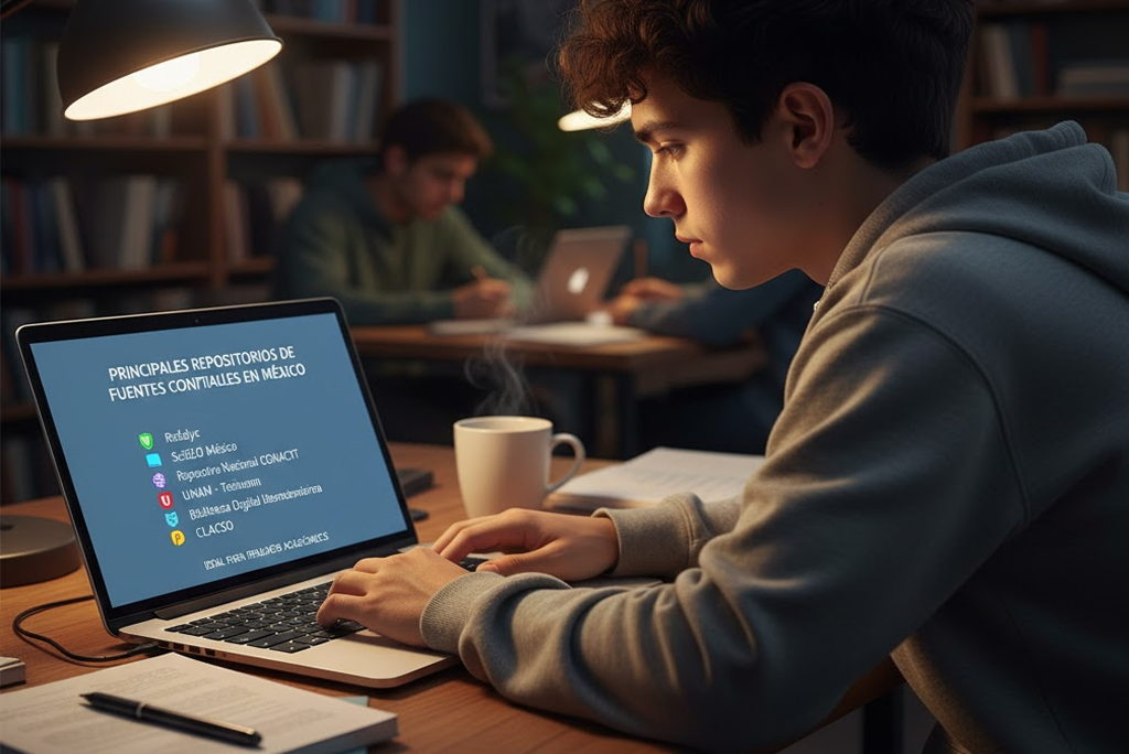 Estudiante investigando en una laptop, mostrando en pantalla una lista de los mejores repositorios de fuentes de investigación confiables de México, ideal para trabajos académicos.