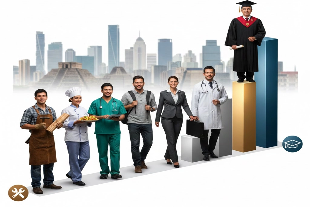 Grupo diverso de profesionales mexicanos, desde un oficio hasta un ejecutivo con toga, representando visualmente el incremento del salario por escolaridad según los datos del INEGI.