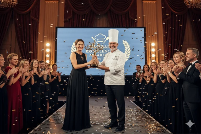 Chef recibiendo uno de los prestigiosos premios de gastronomía mundial en una ceremonia de gala, simbolizando excelencia y reconocimiento culinario