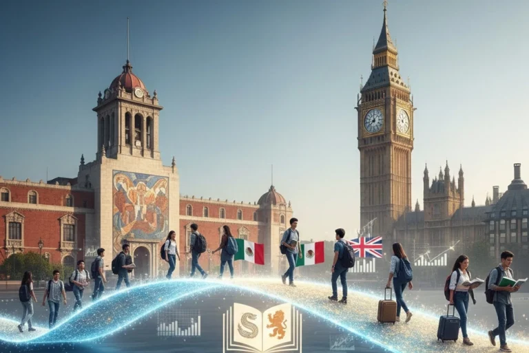 Representación de la alianza académica entre la UNAM y el Reino Unido, simbolizando la movilidad estudiantil y el intercambio de conocimiento entre México y instituciones británicas.