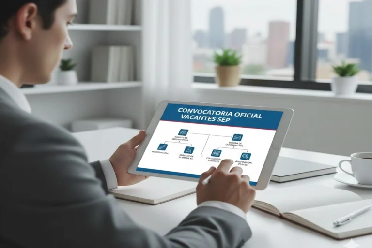 Profesional revisando la convocatoria oficial de las vacantes SEP 2025 en una tablet, mostrando el proceso de postulación.