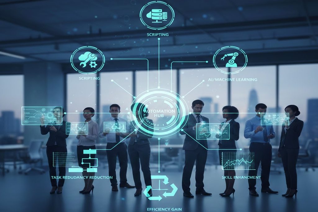 optimización de habilidades tech a través de la automatización de workflows, mostrando un flujo conectado entre personas, herramientas digitales y gráficos de procesos.