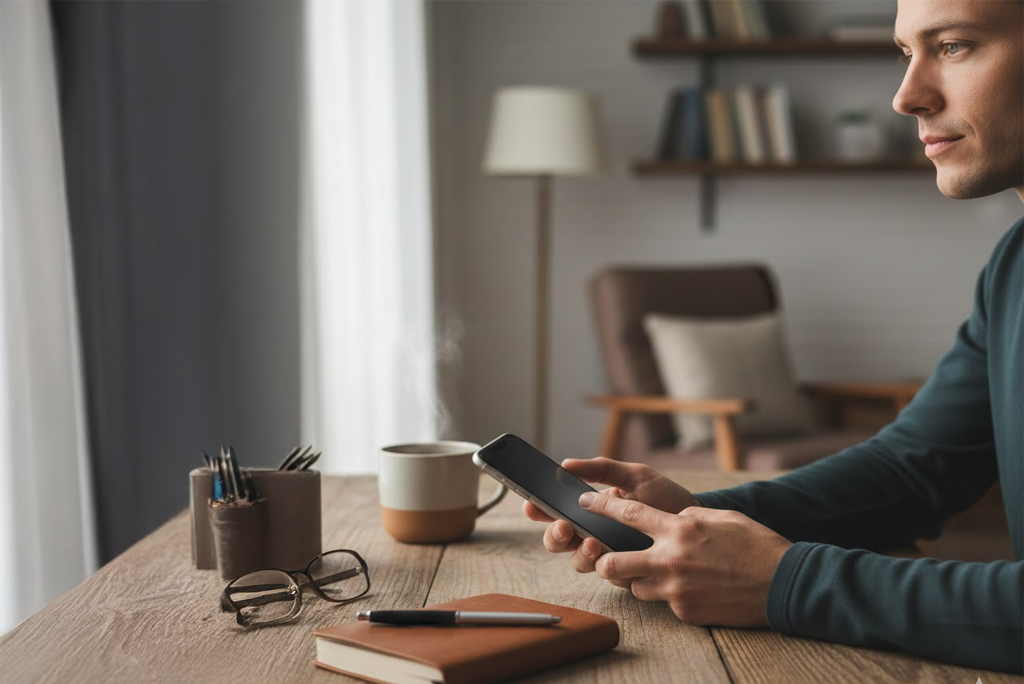 Persona apagando tranquilamente su smartphone en un escritorio, simbolizando los beneficios de apagar el celular para la seguridad y la desconexión saludable