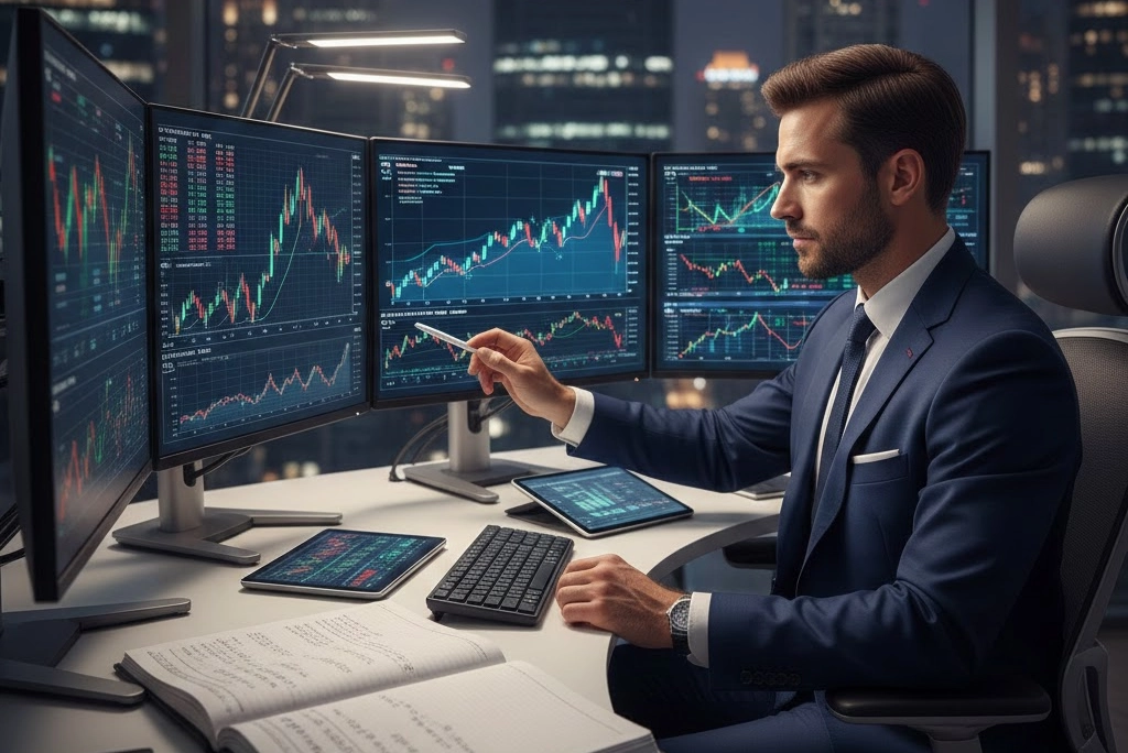 Profesional joven analizando gráficos financieros en múltiples pantallas, representando el alto potencial y las carreras de negocios mejor pagadas.