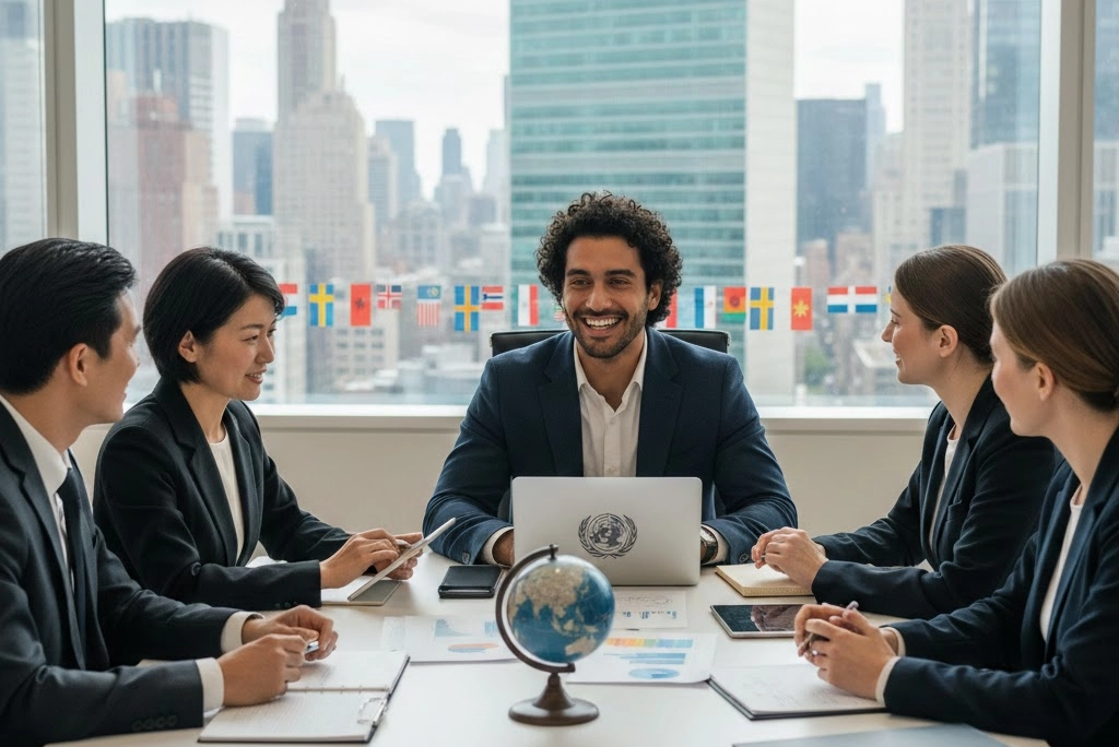 Joven profesional latinoamericano trabajando en un entorno global junto a colegas de diferentes nacionalidades, representando la convocatoria ONU jóvenes profesionales como una oportunidad de carrera internacional.