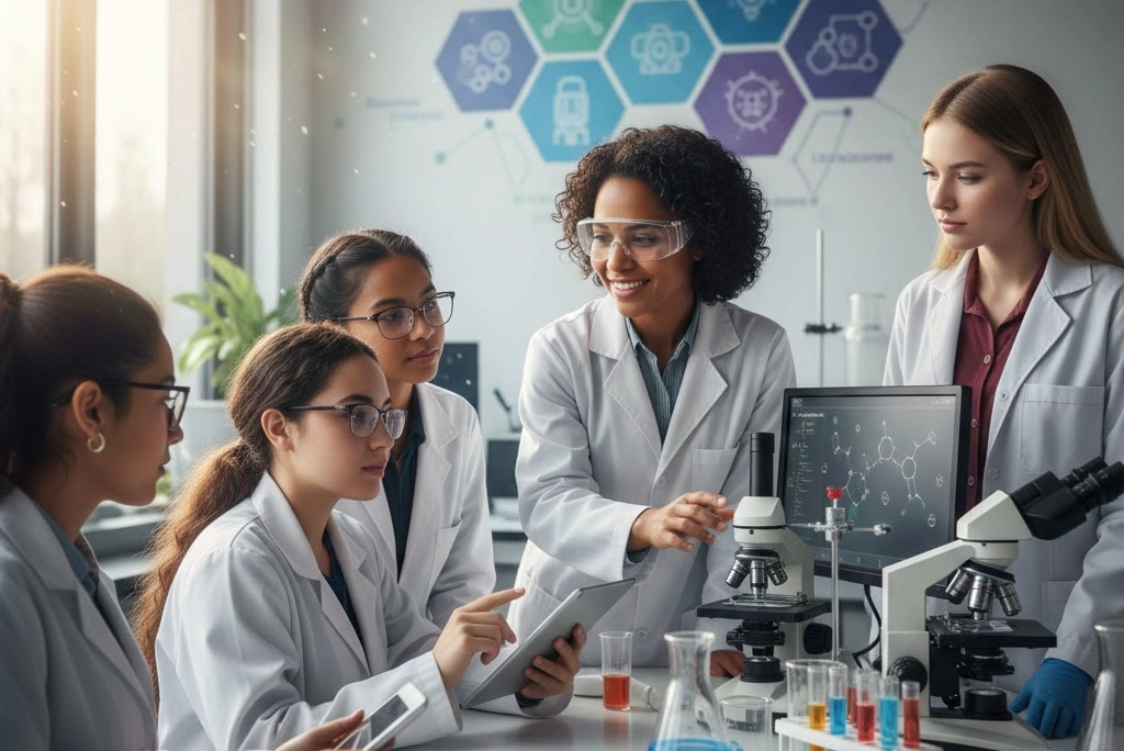Mujer diversa inspirando a jóvenes en un laboratorio, representando el programa de formación de mentoras feministas UNAM para una ciencia más inclusiva.