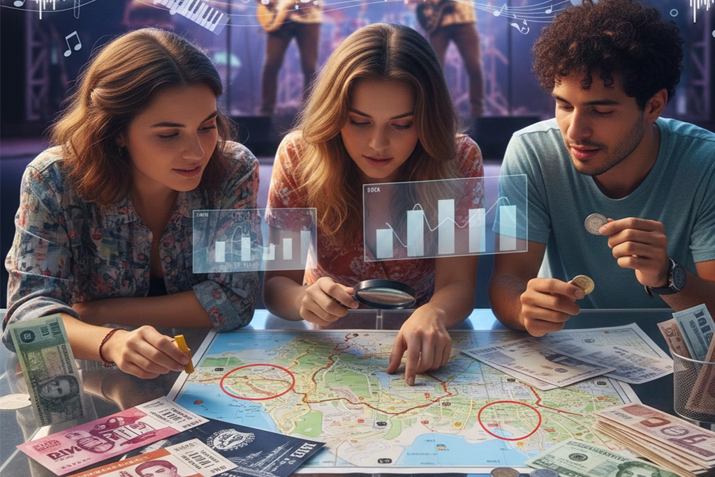 jóvenes haciendo Comparativa visual de los precios de festivales musicales en el mundo mostrando entradas, mapas y monedas de diferentes países, como México, USA y Reino Unido.