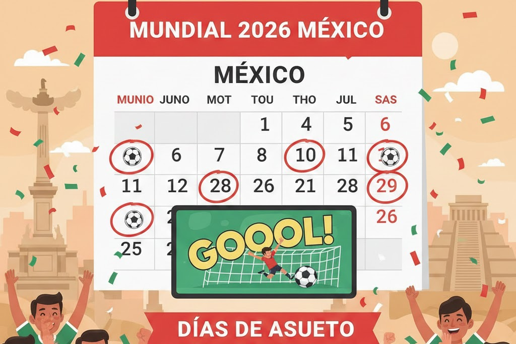 Ilustración animada de personas celebrando un gol frente a un calendario marcando los días de asueto por el Mundial 2026 en México