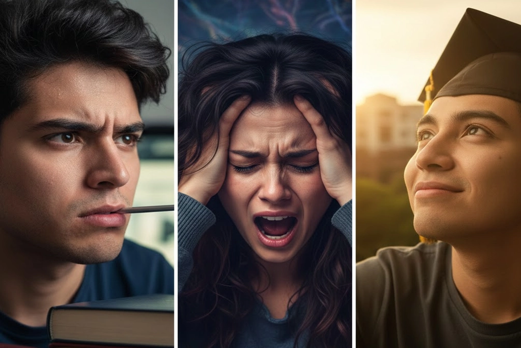 rostros jóvenes que ilustran el diverso estado emocional de estudiantes en México según datos del INEGI: estrés, desesperación y esperanza.