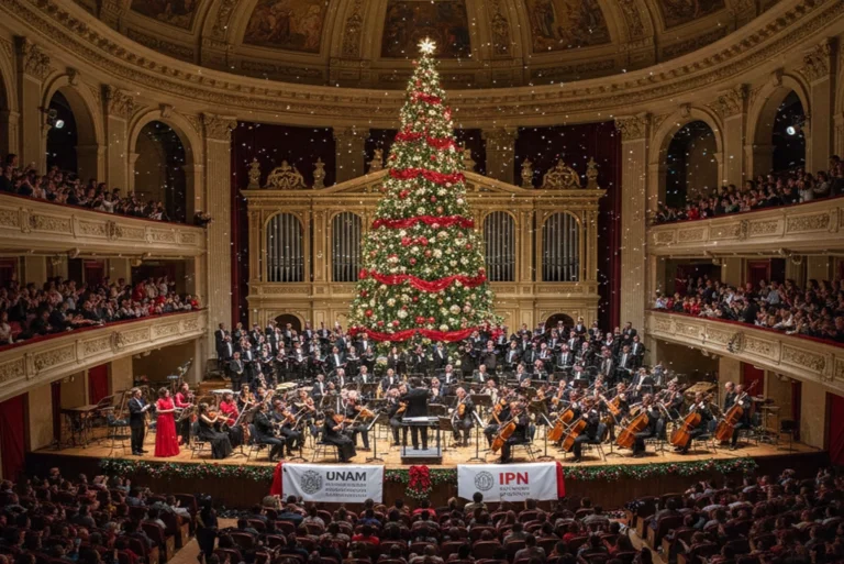 Auditorio lleno durante un emotivo concierto navideño de la UNAM o el IPN, con músicos en el escenario y un árbol de navidad iluminado al fondo. Público diverso disfrutando de la música.