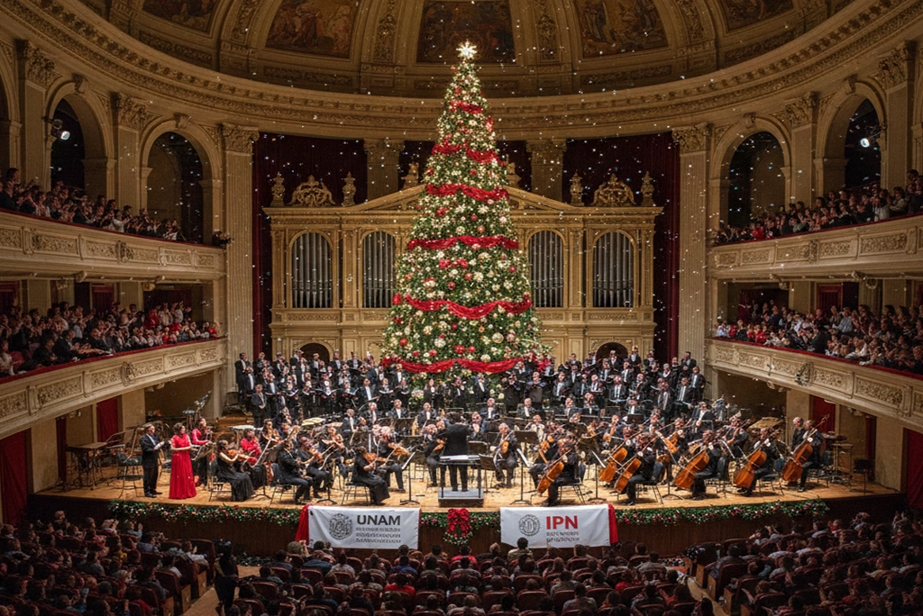 Auditorio lleno durante un emotivo concierto navideño de la UNAM o el IPN, con músicos en el escenario y un árbol de navidad iluminado al fondo. Público diverso disfrutando de la música.