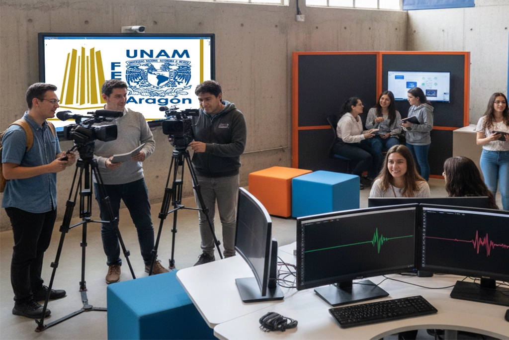 Estudiantes participando activamente en un taller práctico dentro de las modernas instalaciones de la FES Aragón, promocionando los cursos intersemestrales FES Aragón en Comunicación y Periodismo.