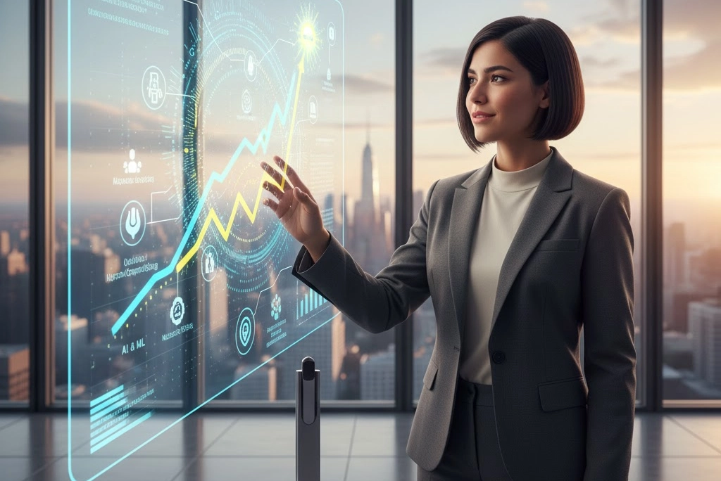 imagen de Joven profesional analizando un gráfico futurista de crecimiento, simbolizando la adquisición de las habilidades del futuro necesarias para el nuevo mercado laboral.