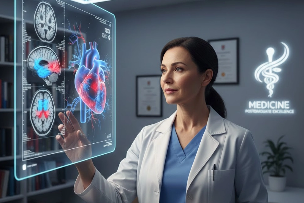 Médico especialista revisando imágenes médicas en una pantalla digital, representando el alto nivel de especialización y excelencia de los posgrados en medicina mejor valorados.