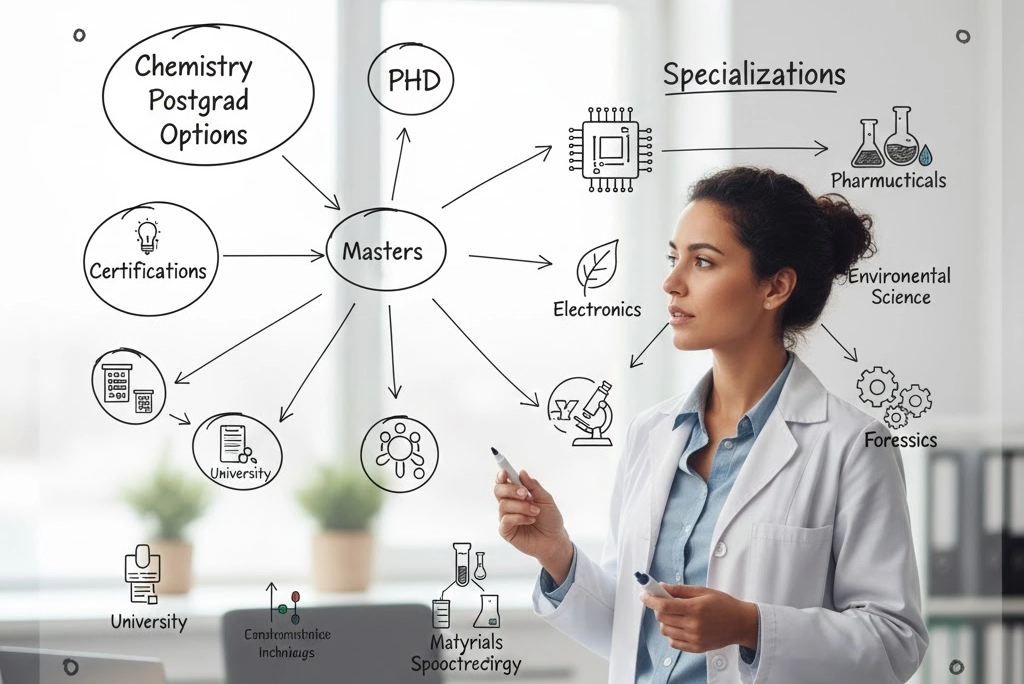 Joven profesional químico analizando opciones de posgrados en química y especializaciones en una pizarra con iconos de distintas industrias.