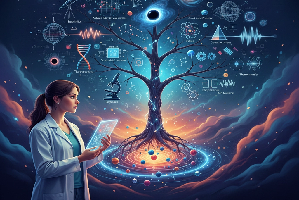 Ilustración conceptual y dinámica que representa las diferentes ramas y especialidades de la Física, desde partículas subatómicas hasta galaxias, mostrando su diversidad y conexión.